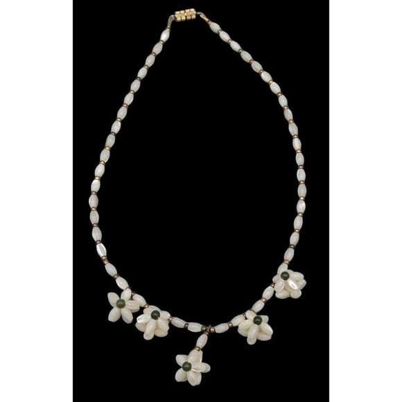Carved Mother of Pearl Beaded Necklace Handcrafted Flower Jade Accent 16" Choker - Picture 1 of 8
